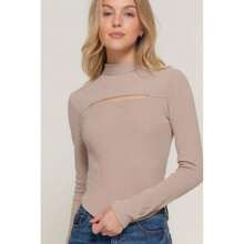 Long Slv Mock Neck Kyehole Rib Knit Top | SHEIN