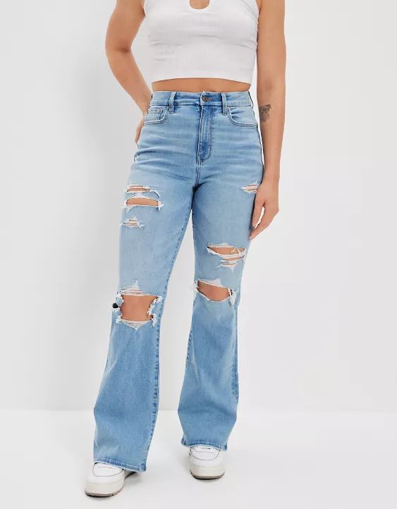 AE Ne(x)t Level Ripped Curvy Super High-Waisted Flare Jean | American Eagle Outfitters (US & CA)