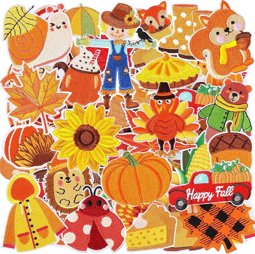 60pcs Fall Autumn Iron on Patches Random Assorted Thanksgiving Day Embroidered Sew Applique Repai... | Amazon (US)