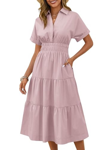 Wenrine Women Summer Short Sleeve V Neck Work Shirt Maxi Dress with Pockets | Amazon (US)
