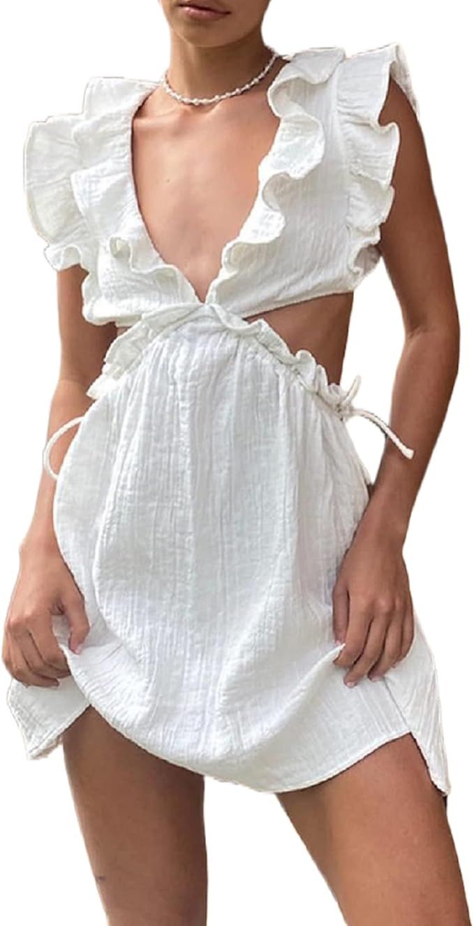 ROAONOCOMO Women Ruffle Square Neck Mini Dress Hollow Out Elegant A-Line Short Dress Sleeveless B... | Amazon (US)