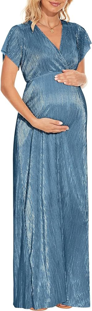 Greek Goddess V Neck Pleated Maternity Dress/Short Sleeve Sparkly Maxi Dress Photoshoot Baby Show... | Amazon (US)