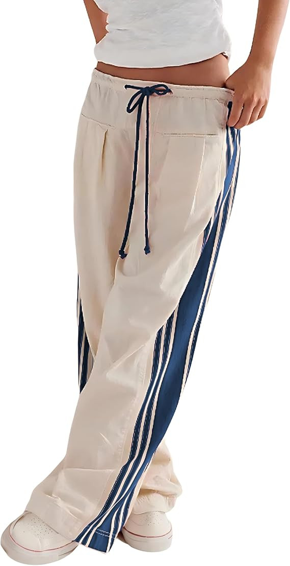 Hongsui Women's Wide Leg Pants Drawstring High Rise Side Striped Slouchy Palazzo Pants with Pocke... | Amazon (US)