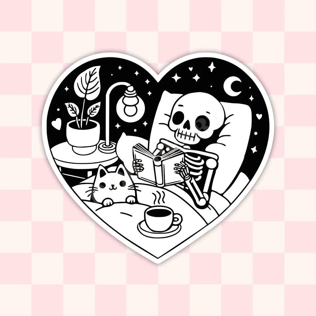 Cozy Reading Skeleton and Cat Sticker | Spooky Reader Sticker | Vinyl E-reader, Kindle Sticker | ... | Etsy (US)