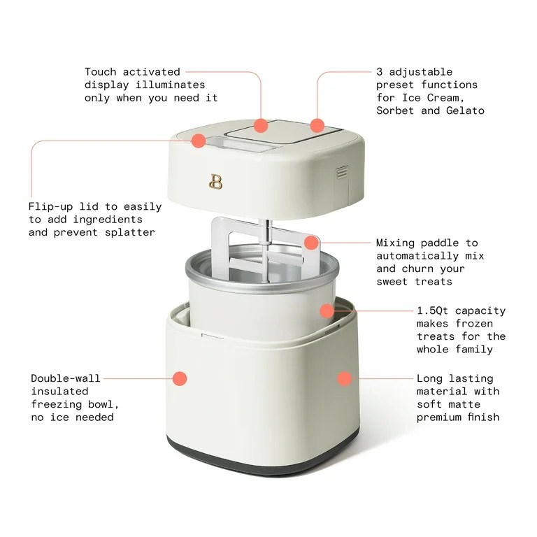 Beautiful 1.5 Qt Ice Cream Maker with Touch Activated Display, White Icing by Drew Barrymore | Walmart (US)