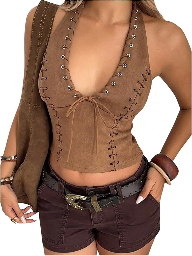 SweatyRocks Women's Deep V Neck Lace Up Crop Halter Tops Tie Front Western Cowgirl Suede Top | Amazon (US)