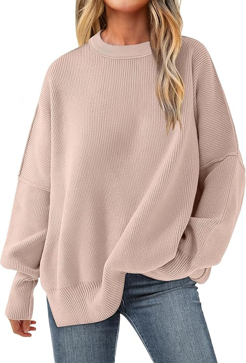 ANRABESS Women Crewneck Batwing Long Sleeve 2024 Fall Oversized Side Slit Ribbed Knit Pullover Sw... | Amazon (US)
