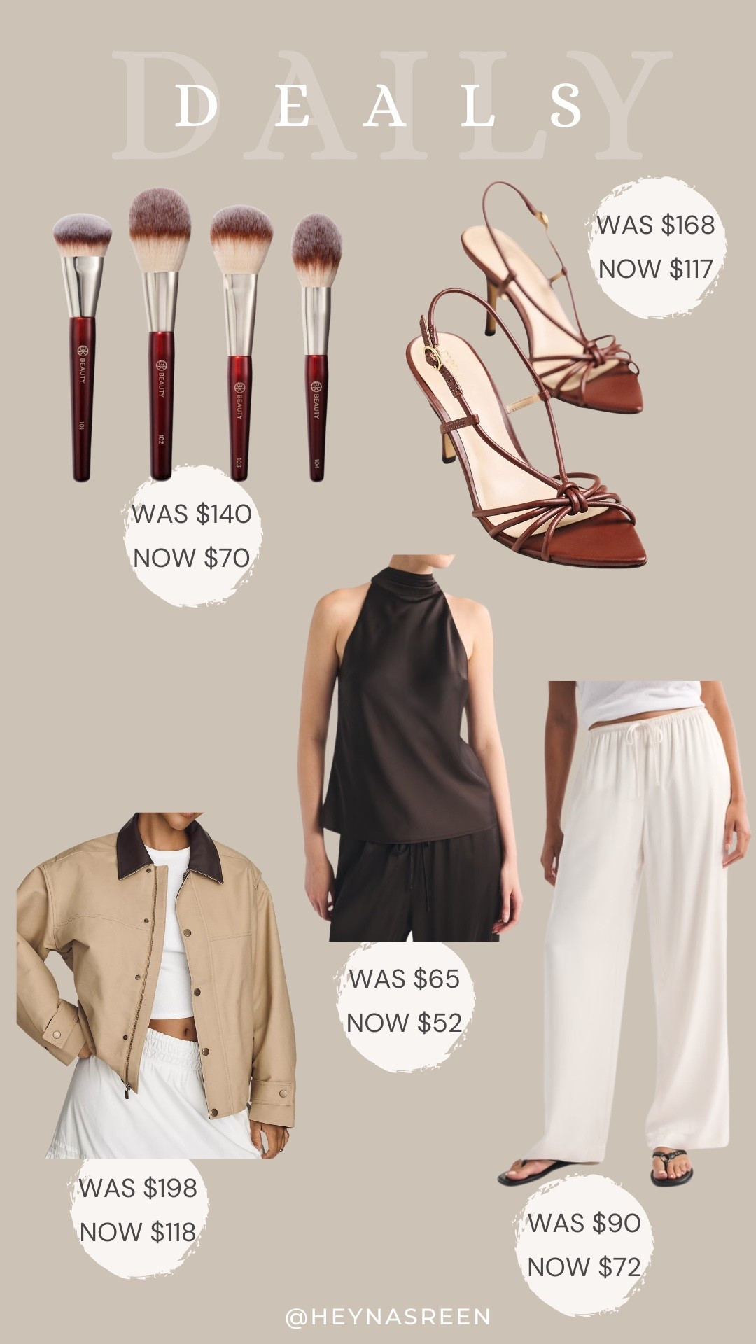Daily deals on BK Beauty brush set, Anthropologie heels, Abercrombie satin pants, Abercrombie top, Anthropologie jacket