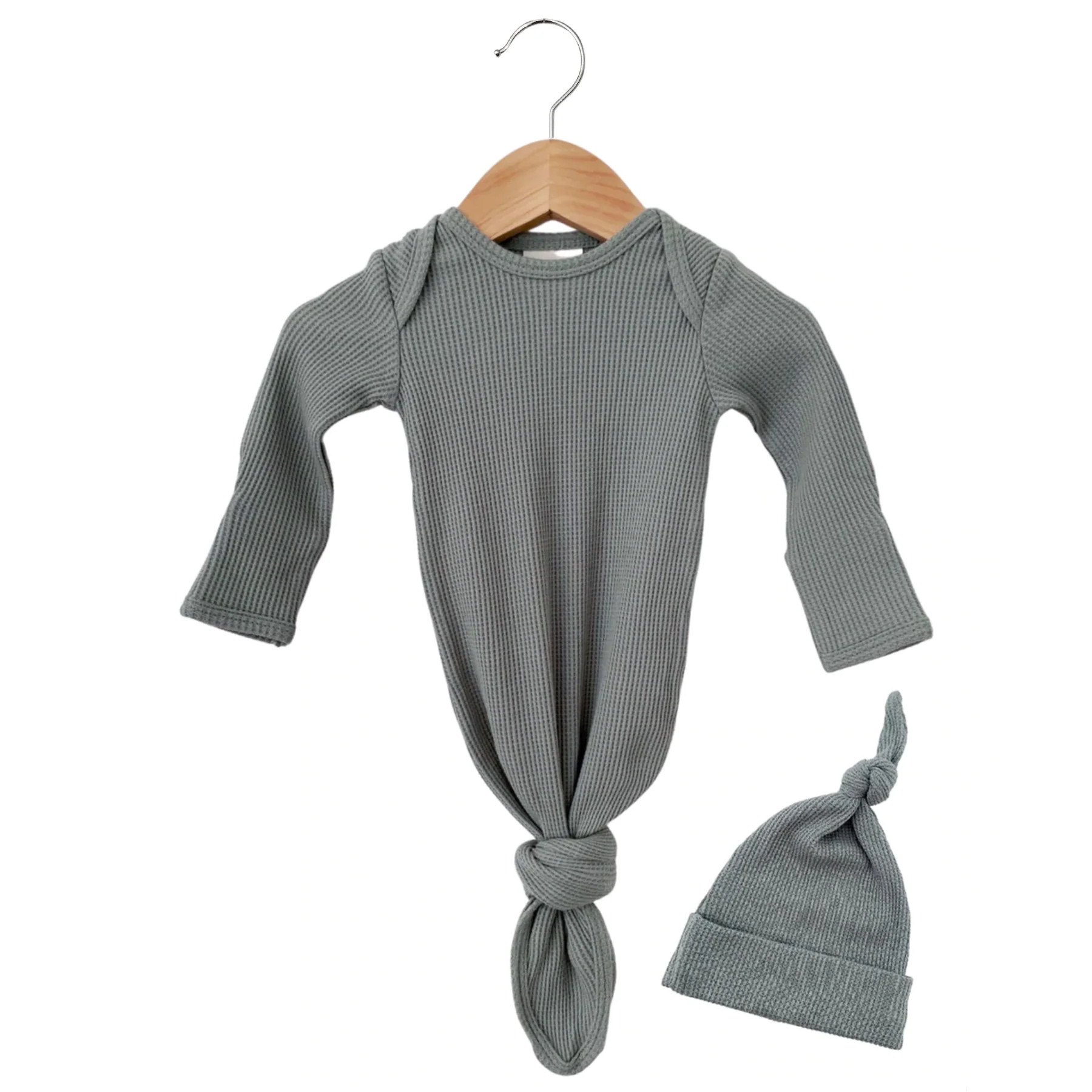 Organic Waffle Knotted Gown & Hat Set, Mountain Green | SpearmintLOVE