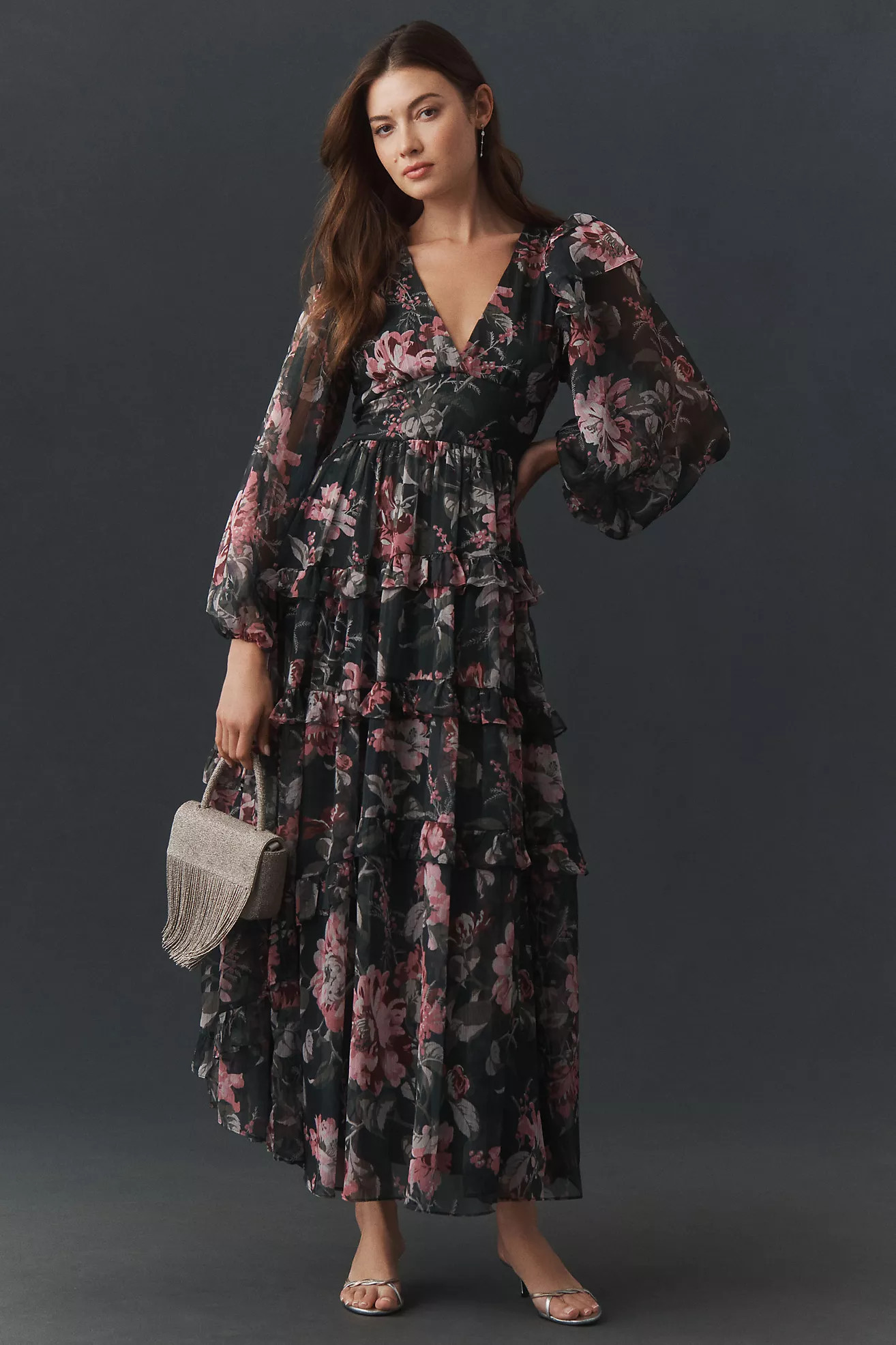 BHLDN Floral Chiffon Plunge Long-Sleeve Ruffle Maxi Dress | Anthropologie (US)