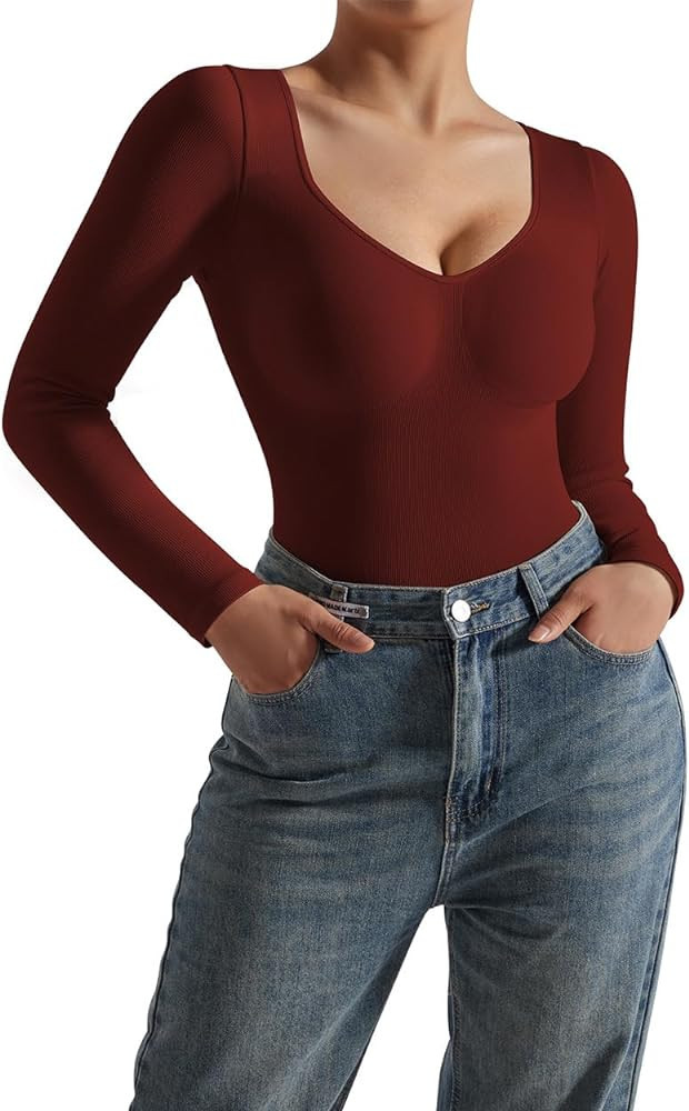 SUUKSESS Sweetheart V Neck Long Sleeve Bodysuit Ribbed Compression Bodysuits | Amazon (US)