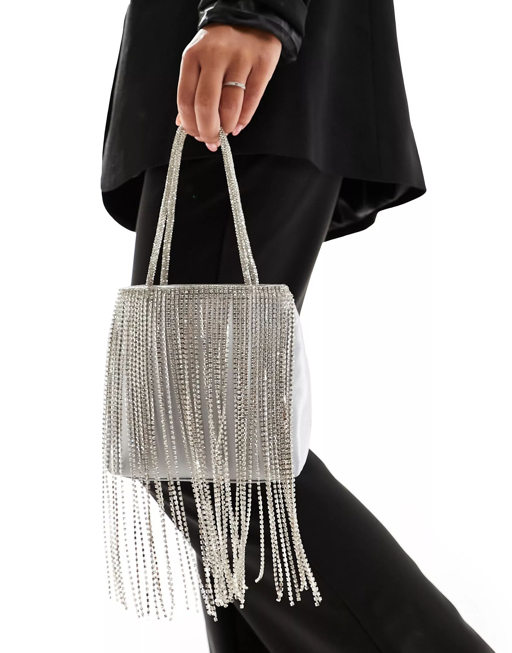 ASOS DESIGN diamante fringe clutch bag with top handle in silver | ASOS (Global)