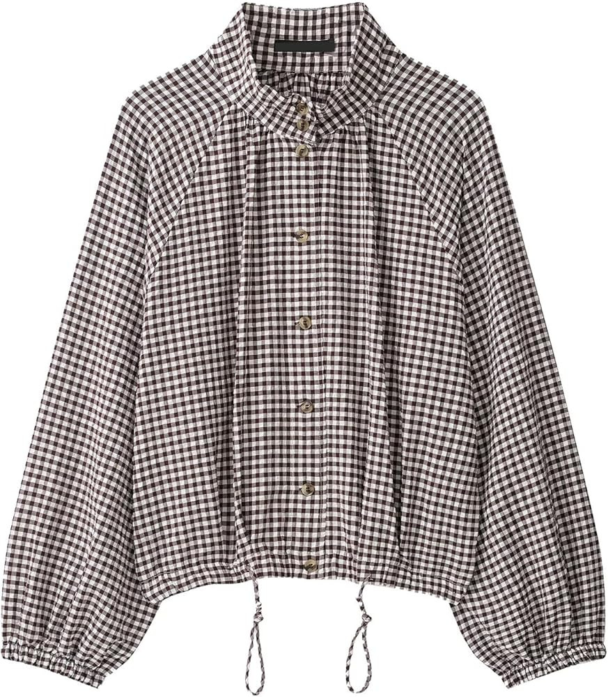 Women's Gingham Jacket Drawstring Button Down Stand Collar Coat | Amazon (US)