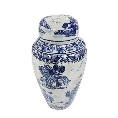 16" Blue & White Chinoiserie Ceramic Jar | Wayfair North America