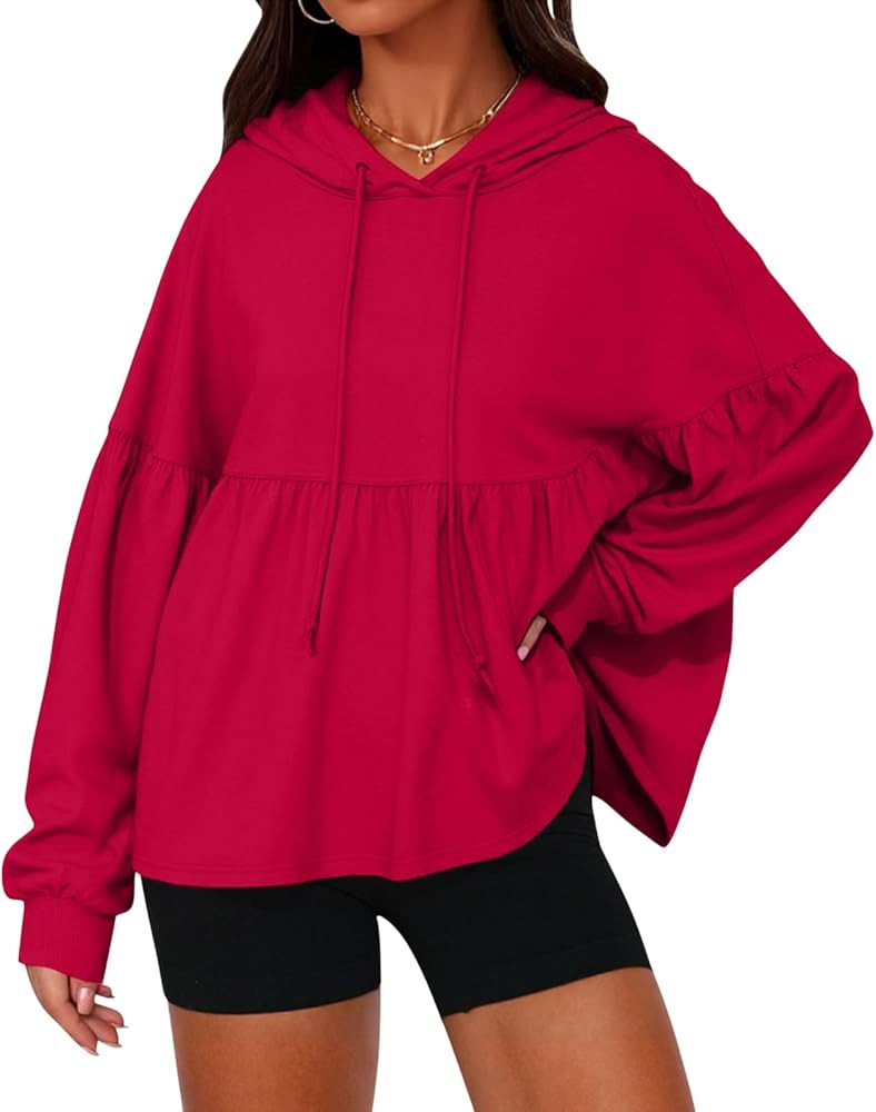 Womens Oversized Hoodies Sweatshirts Casual Lantern Sleeve Peplum Tops Drawstring Loose Hooded Pu... | Amazon (US)