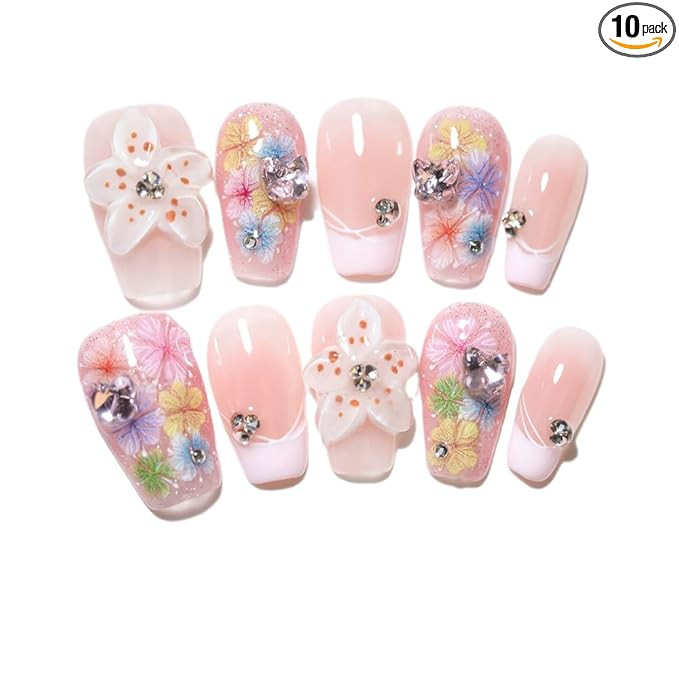 3D Flower & Glitter Accents Rhinestones Nail Decoration Nail Art Design For Holiday 10pcs Short S... | Amazon (US)