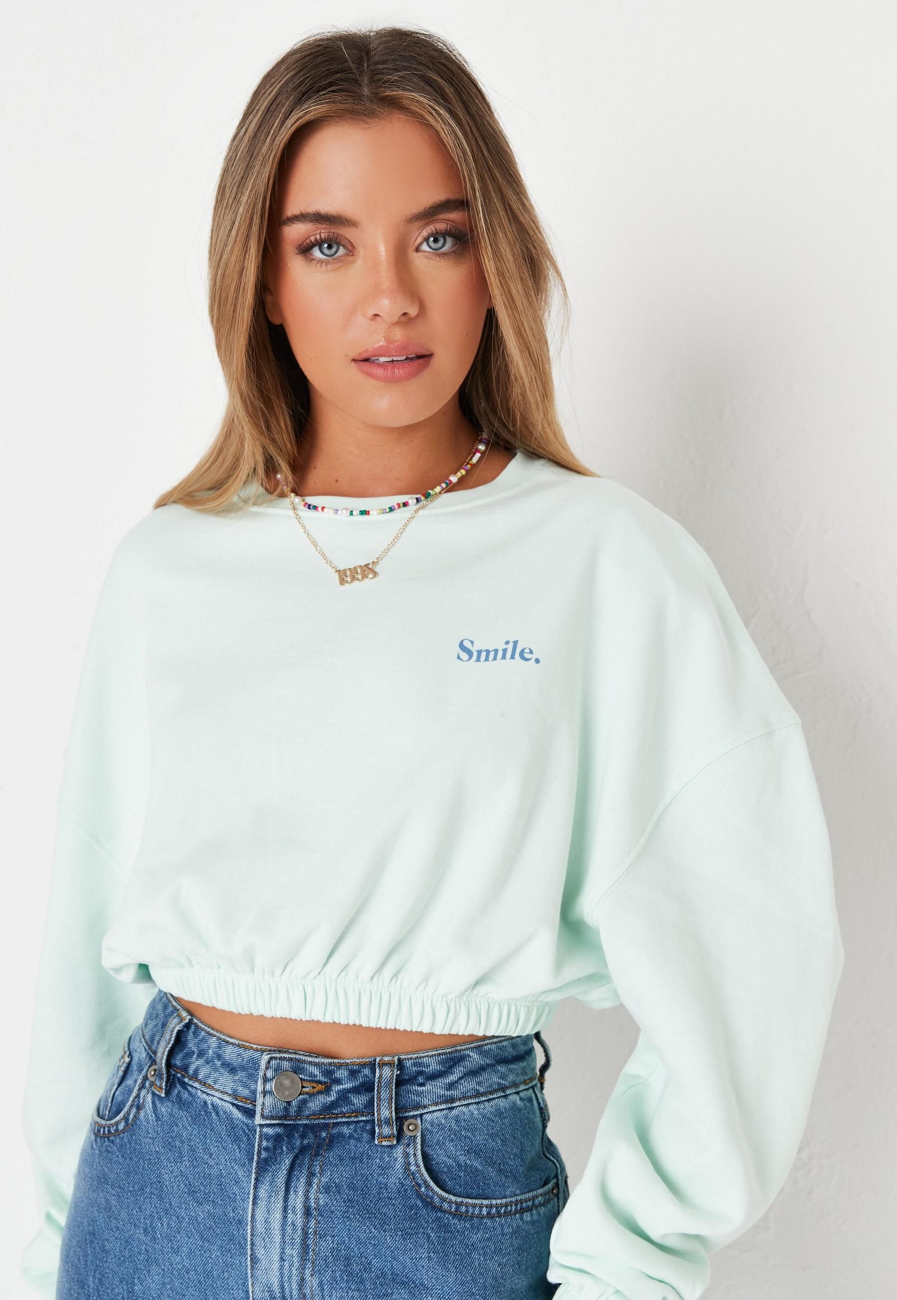 Mint Smile Graphic Fleeceback Cropped Sweatshirt | Missguided (US & CA)