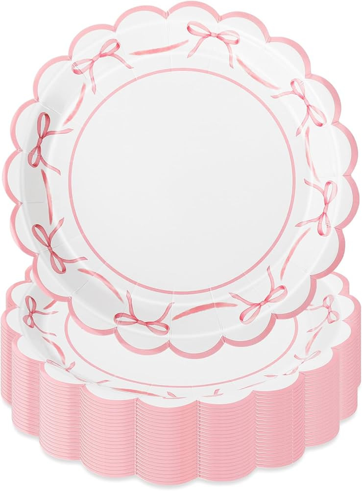 50Pcs Pink Bow Paper Plate Scalloped Bowknot Disposable Plate 9 inch Decorative Dinner Plate for ... | Amazon (US)