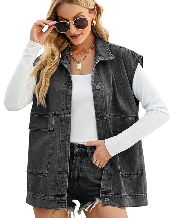 Womens Denim Vest Mid long Jacket Jean Sleeveless Vest with Pockets | Amazon (US)