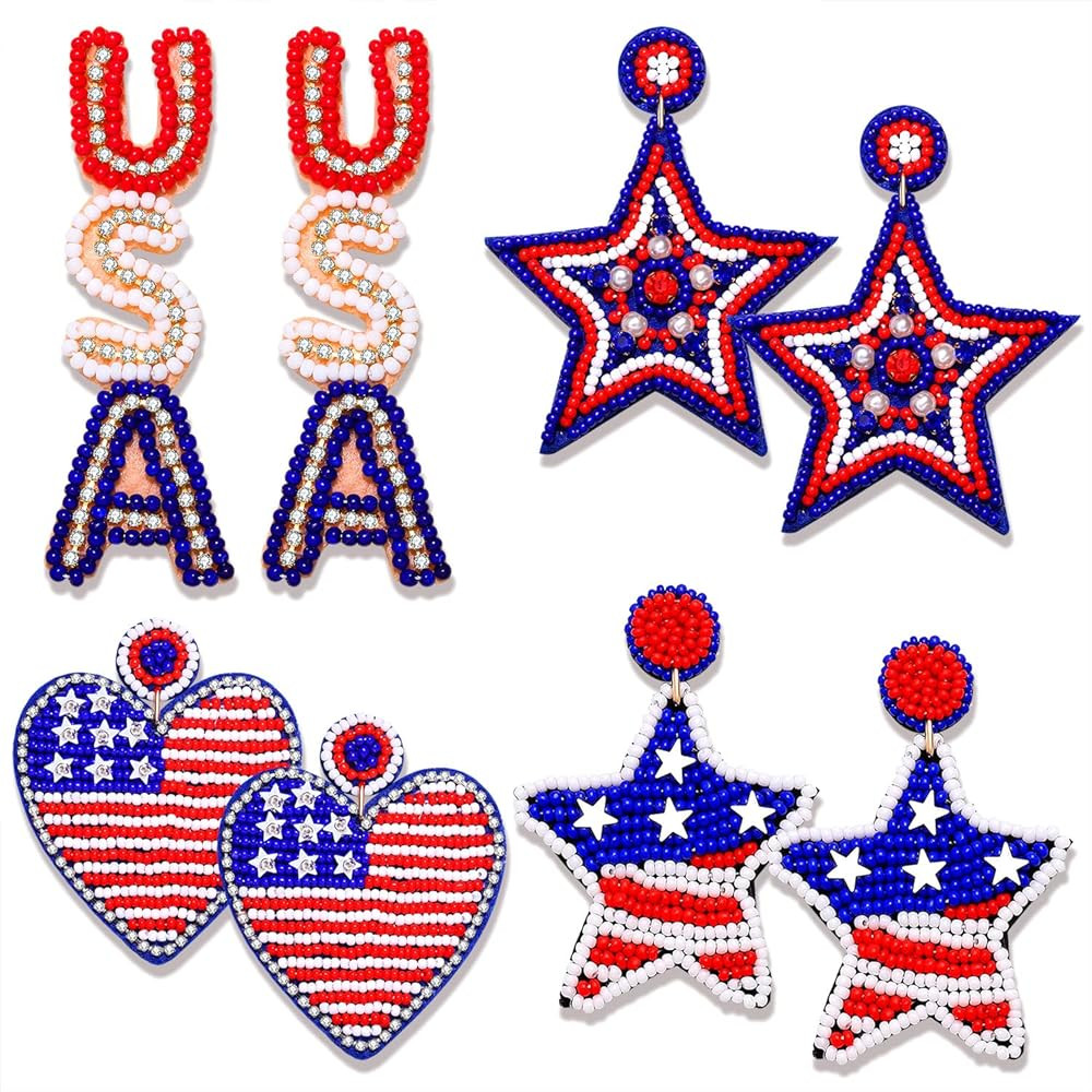 2/4 Pairs Beaded Patriotic Earrings 4th of July Earrings for Women Handmade American Flag Star He... | Amazon (US)