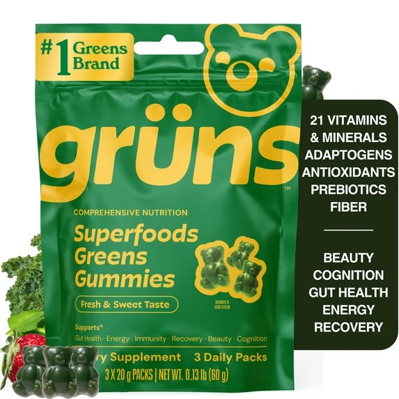Gruns Adult Superfood Greens Gummies, with 60 Organic Ingredients, 21+ Vitamins & Minerals, Prebi... | Walmart (US)