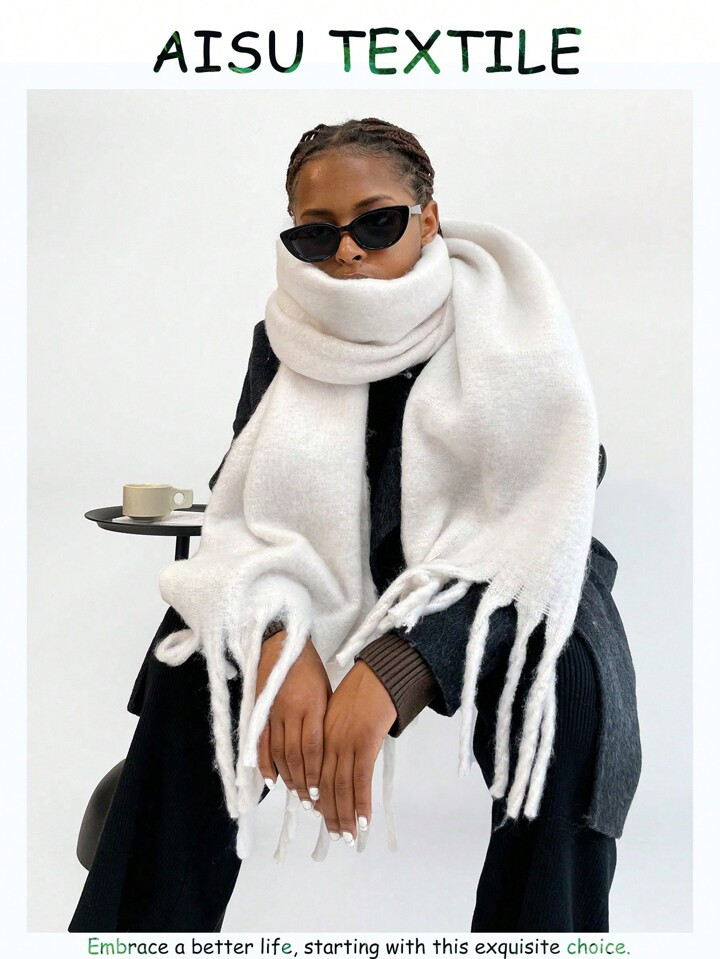 1pc Women's Fuzzy Long Scarf With Tassel For Winter Solid Sky Blue Color Big&Thick WrapOversize W... | SHEIN