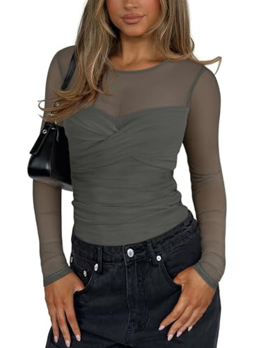 REORIA Women's Fall Sexy Round Neck Front Twist Knot Long Sleeve Sheer Mesh Slimming Ruched Trendy Going Out Bodysuit Tops For Night Out Grey Green Large | Amazon (US)