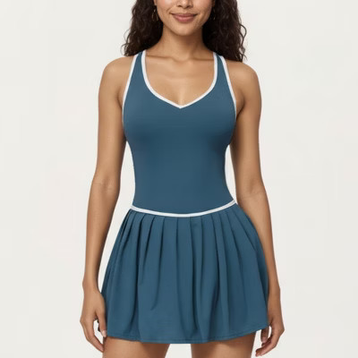 Anna-Kaci Active Women's Pleated Tennis Dress with Contrast Trim and Built-In Shorts - Small, Teal | Target