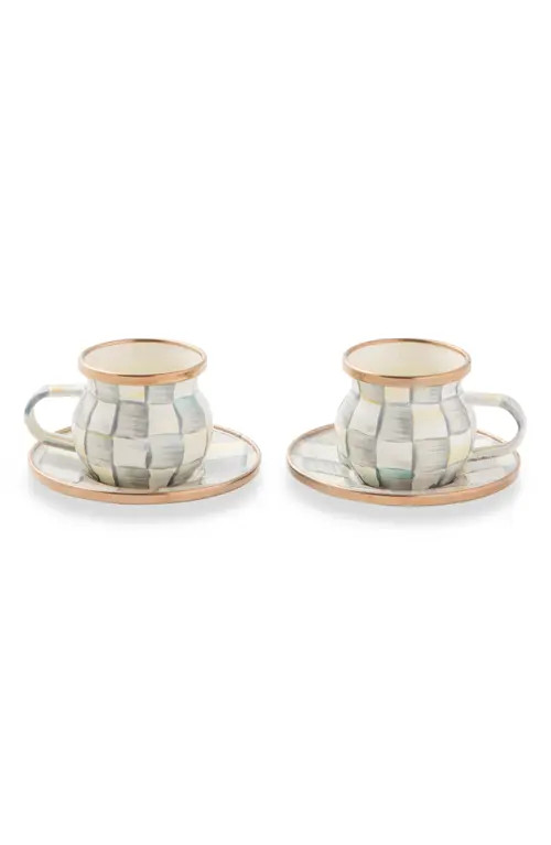 MACKENZIE CHILDS Sterling Check Enameled Steel Espresso Cups & Saucers Set in Grey/White at Nordstrom | Nordstrom