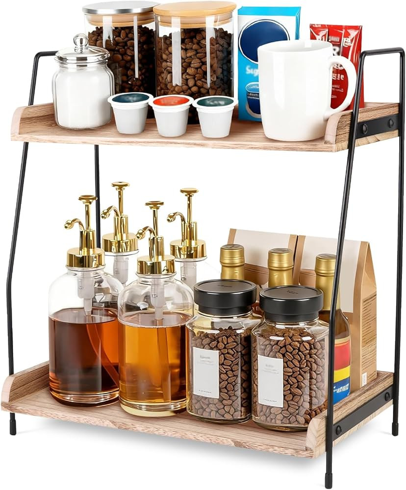 Coffee Bar Organizer for Countertop, 2-Tier Coffee Station Organizer with Metal Frame & Wooden Sh... | Amazon (US)