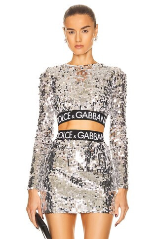 Dolce & Gabbana Long Sleeve Sequin Crop Top in Silver | FWRD | FWRD 