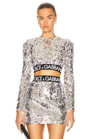 Dolce & Gabbana Long Sleeve Sequin Crop Top in Silver | FWRD | FWRD 
