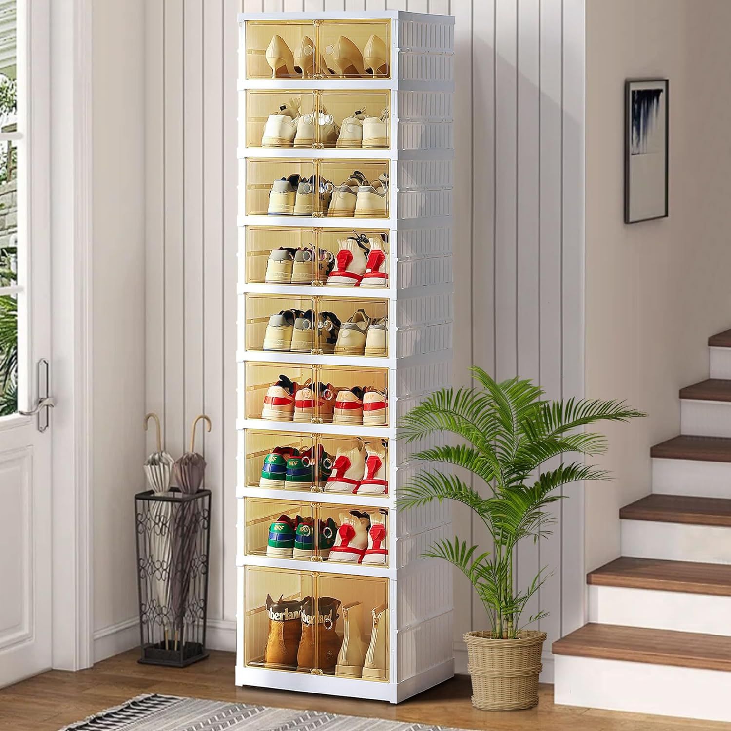 AOHMPT Foldable Shoe Box, Clear Plastic Stackable Shoe Storage Cabinet with Lids, Large Size Shoe... | Amazon (US)