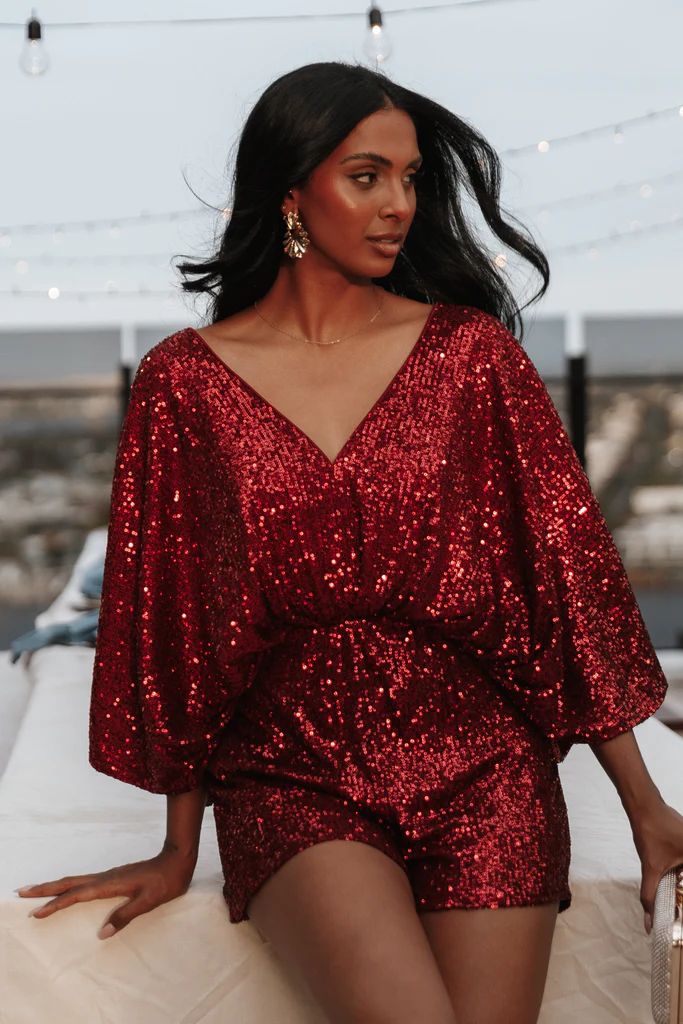 Kimono Sleeve Sequin Romper - Burgundy | Petal & Pup (US)