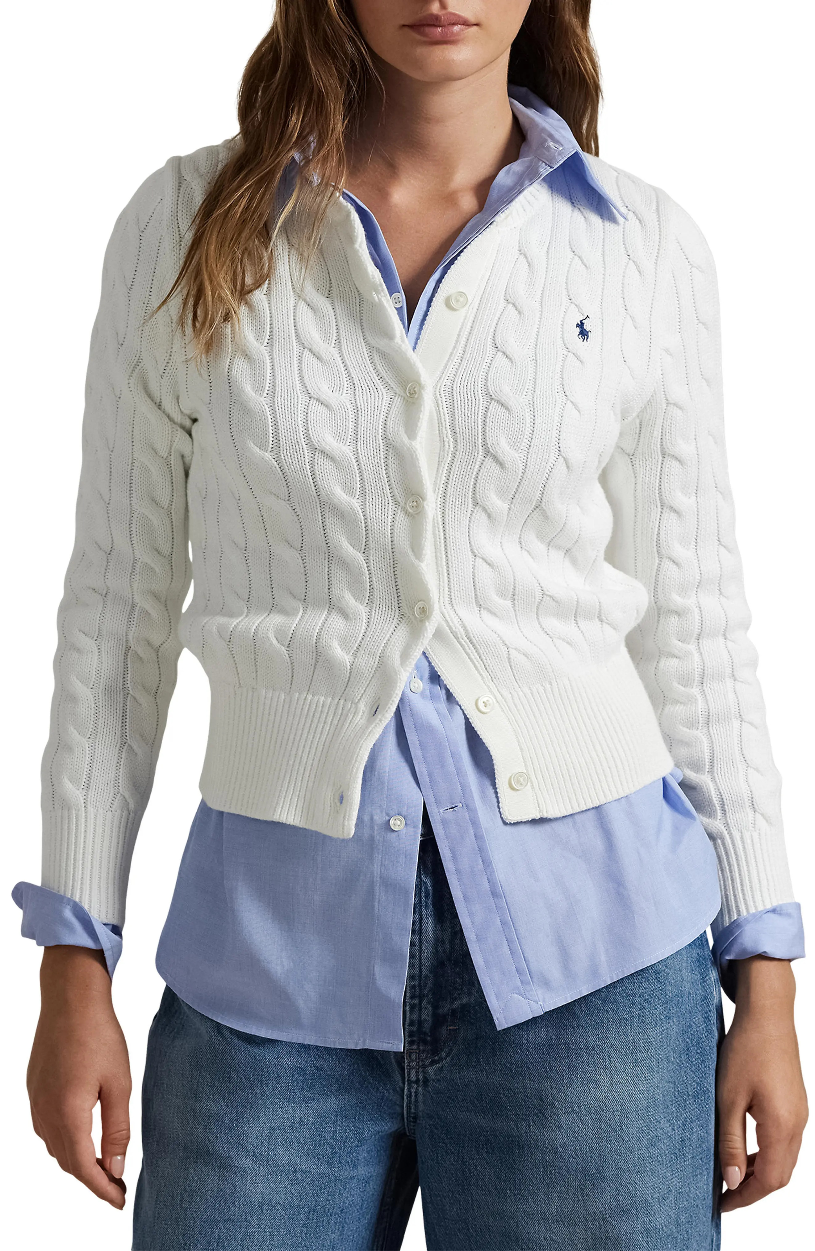 Polo Ralph Lauren Cable Cotton Crewneck Cardigan (Women) | Nordstrom | Nordstrom