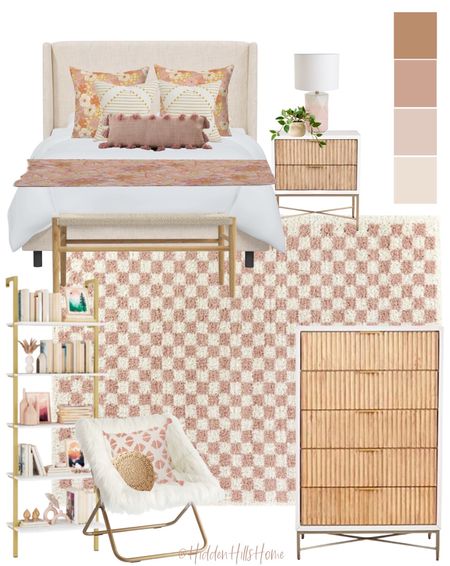 Modern-transitional girls bedroom mood board, girls bedroom ideas, kids bedroom design, girls bedroom, pink and white checkered rug #bedroom

#LTKhome #LTKsalealert #LTKkids