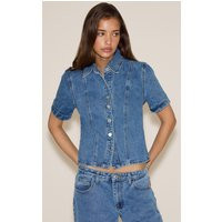 Mid Blue Wash Short Sleeve Fitted Denim Shirt | PrettyLittleThing US