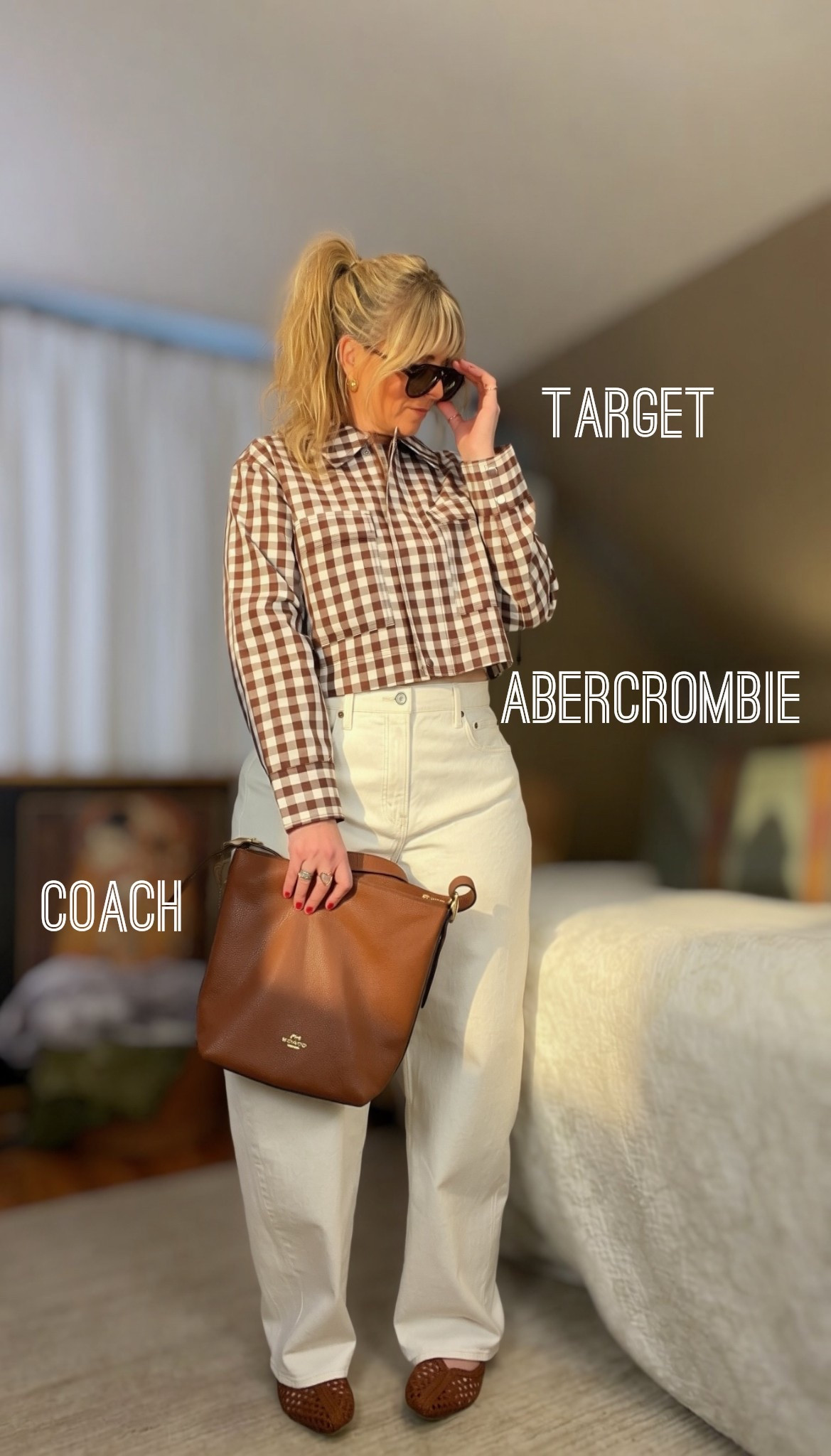 Spring 2026🌷 This checkered gingham cropped spring jacket is the perfect transitional layer—light, structured, and just enough statement. Paired with Abercrombie barrel jeans, Amazon sunnies, and Target woven flats for an easy, pulled-together look.

Will link similar COACH PIRSES AND BAGS. 

I’m 5’8” and a size 12 wearing and XL in the jacket. 
Jeans: 32 Long/tall 
Shoes: true to size - bought a 9.5 
@abercrombie @Target 

#LTKTall #LTKMidsize #LTKootd