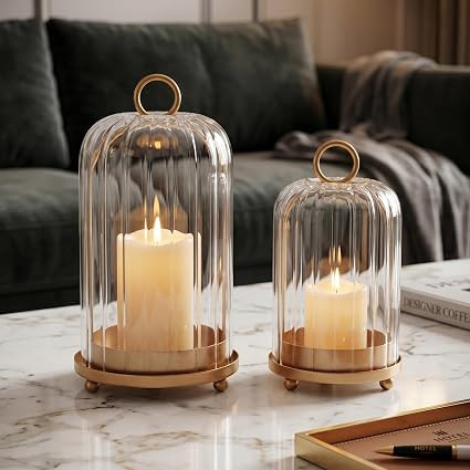 Vintage Brass Metal Candle Lantern with Ribbed Thick Glass Dome – Set of 2 Shabby Chic Style Ca... | Amazon (US)