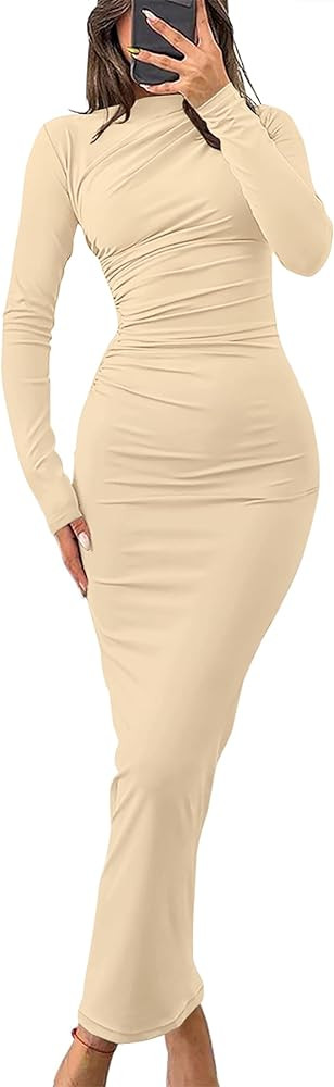 ZESICA Women's Long Sleeve Bodycon Maxi Dresses 2024 Fall Knit Slim Fit Ruched Sexy Elegant Cockt... | Amazon (US)
