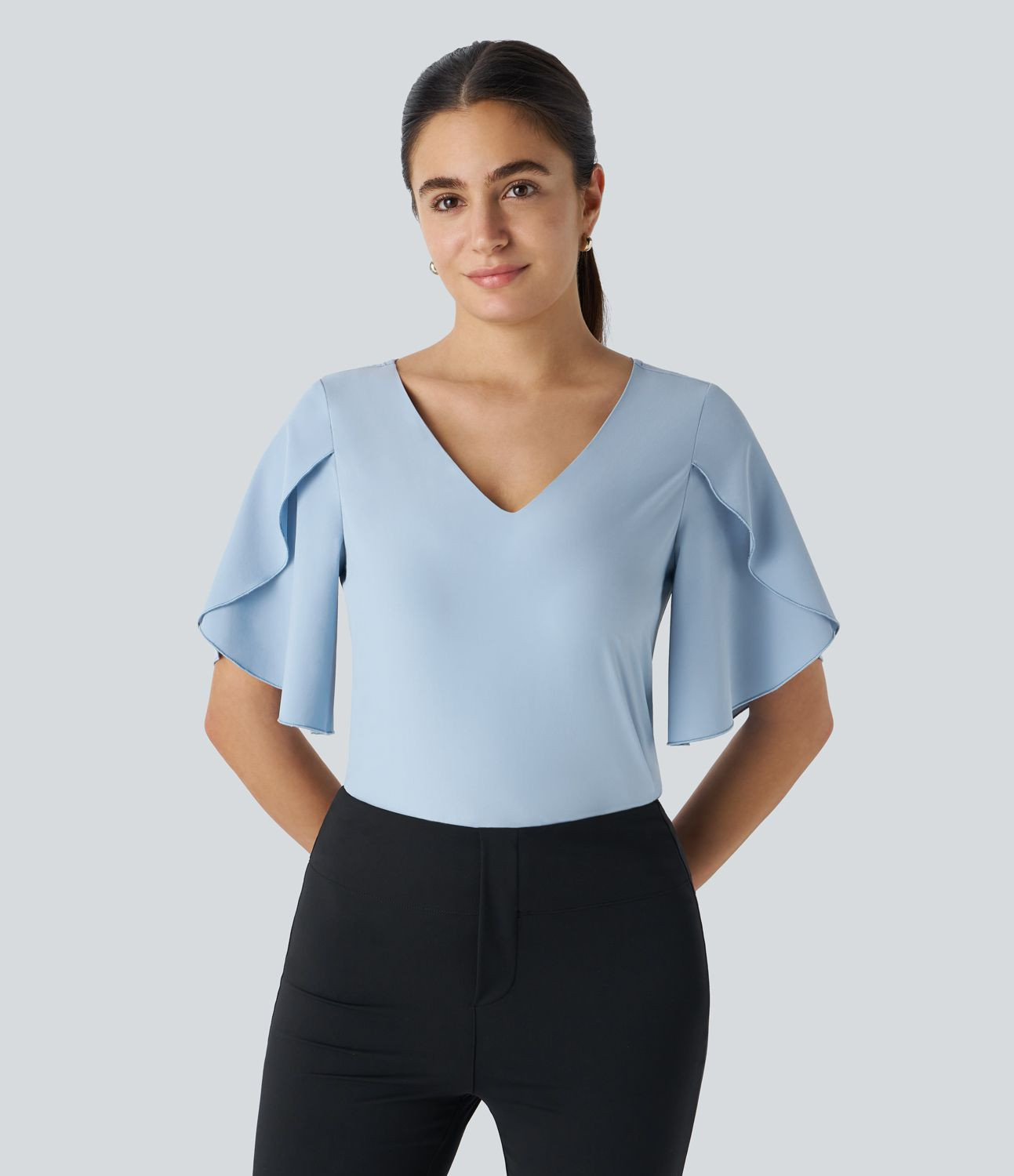 Women’s Breezeful™ V Neck Ruffle Short Sleeve Quick Dry Work Blouse - Halara | HALARA
