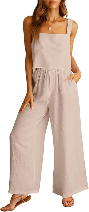 ANRABESS Women's 2 Piece Outfits Linen Pants Jumpsuit Matching Lounge Set Casual Summer Beach Vac... | Amazon (US)