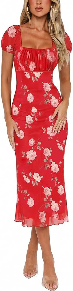 Relipop Women's Summer Midi Dress 2026 Floral Causal Square Neck Bodycon Mesh Ruched Short Sleeve... | Amazon (US)