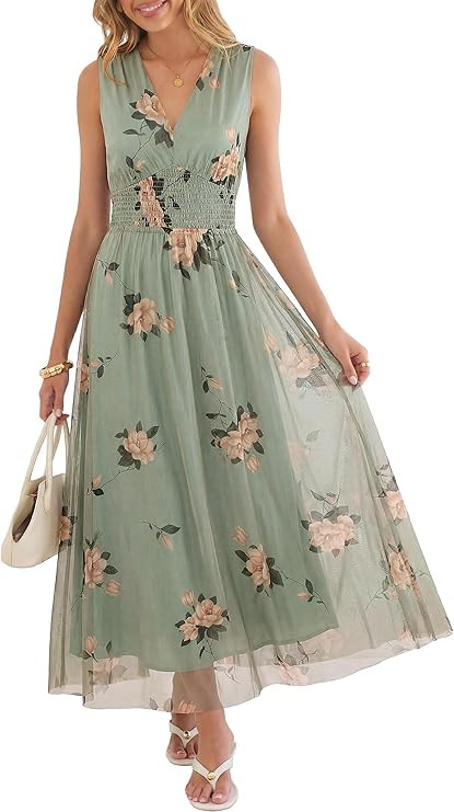 ANRABESS Womens Summer Floral Dress V Neck Sleeveless A Line Wedding Guest Maxi Tulle Dresses Cas... | Amazon (US)
