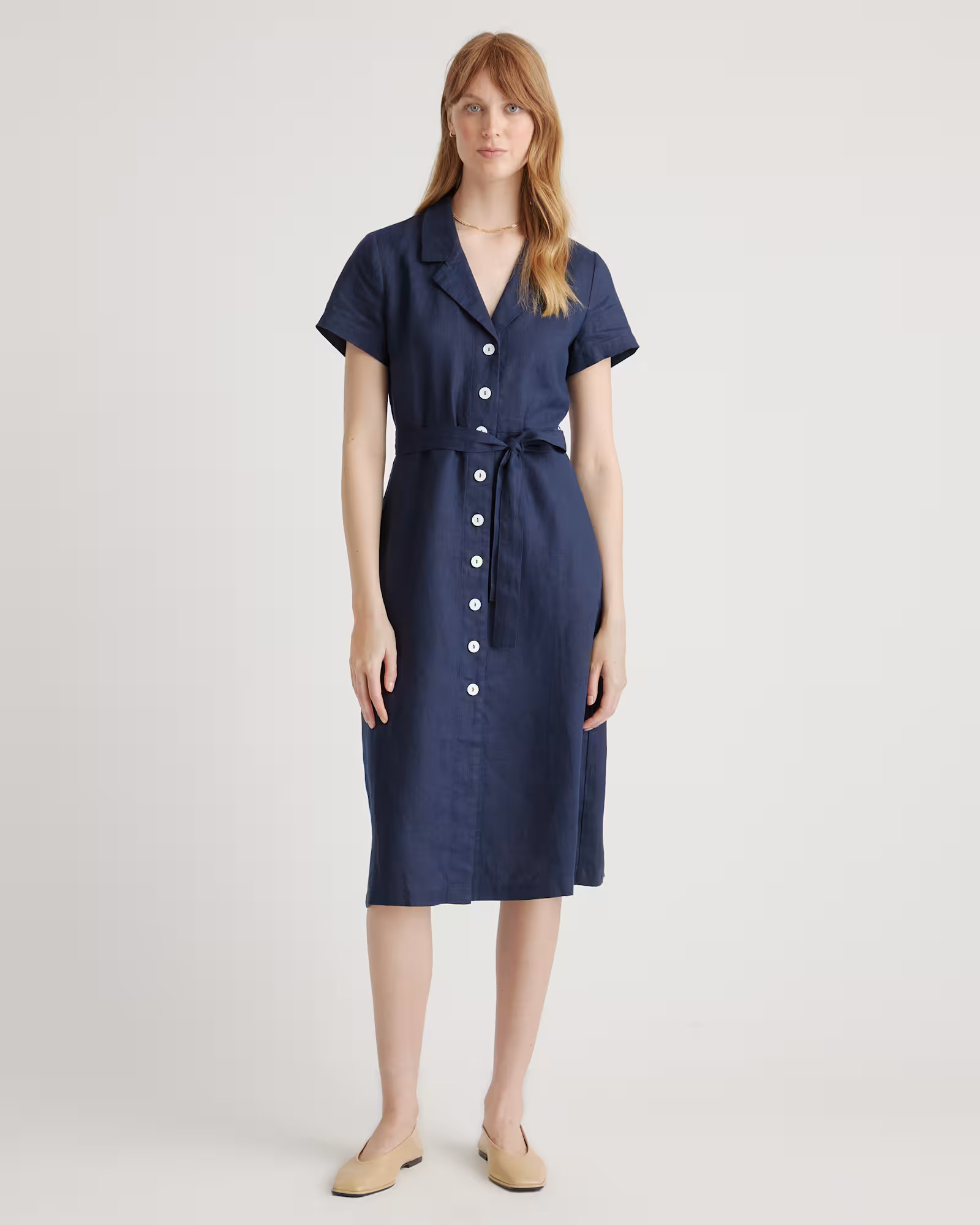 100% European Linen Button Front Dress in Deep Navy | Quince