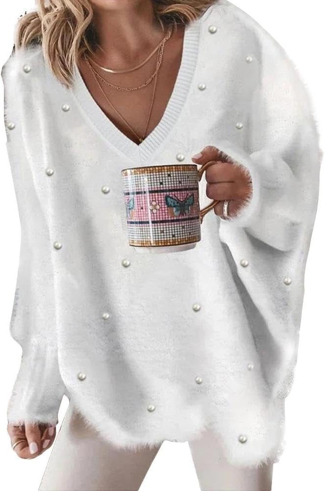 Chvity Women’s Pearl-Embellished V-Neck Sweater, Oversized Long Sleeve Knit Pullover | Amazon (US)