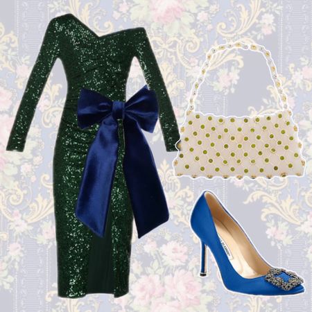 Festive sparkle green dress with blue accessories and Pearl bag 

#LTKshoecrush #LTKstyletip #LTKHoliday
