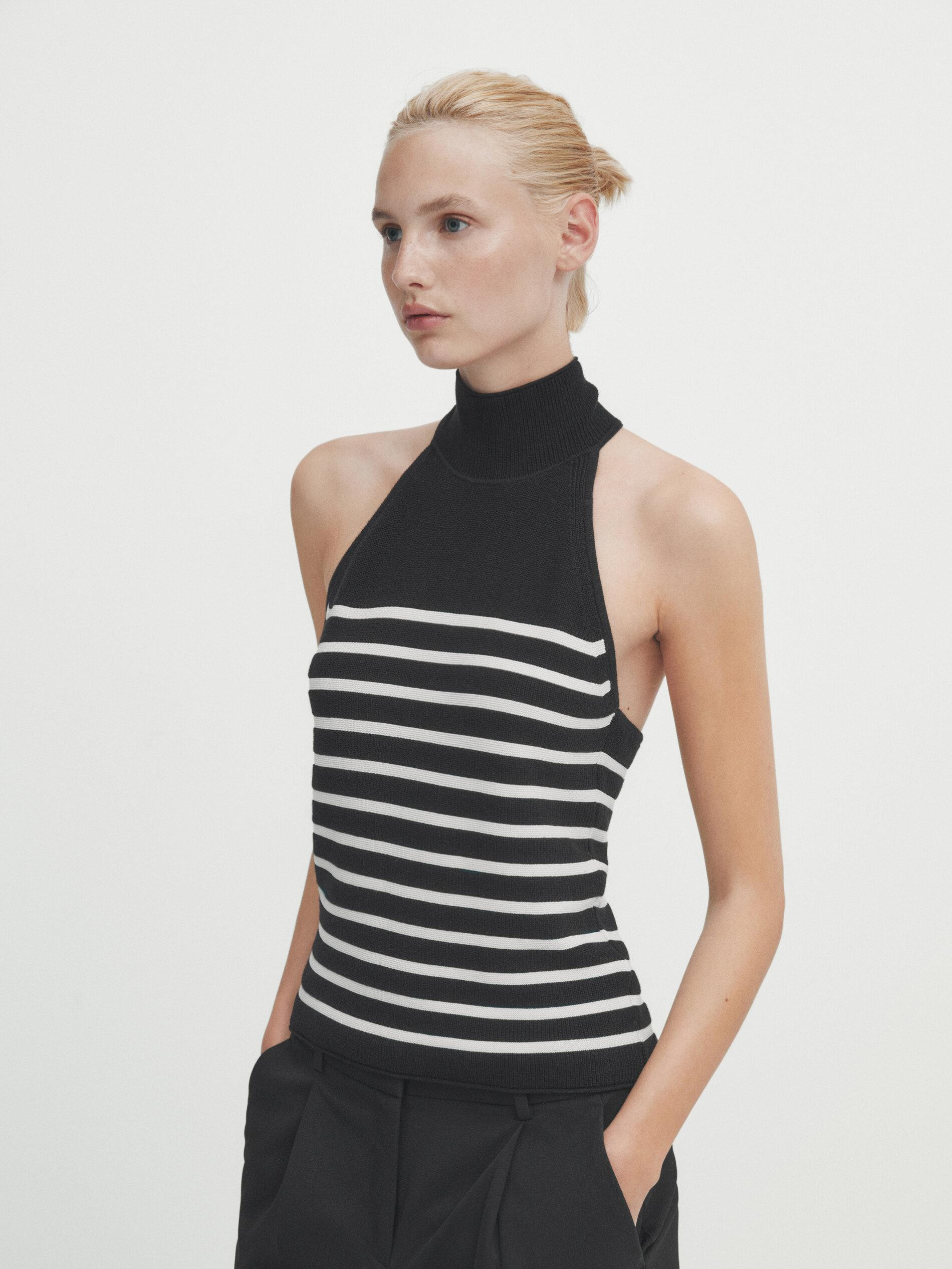 Striped halter neck knit top | Massimo Dutti US
