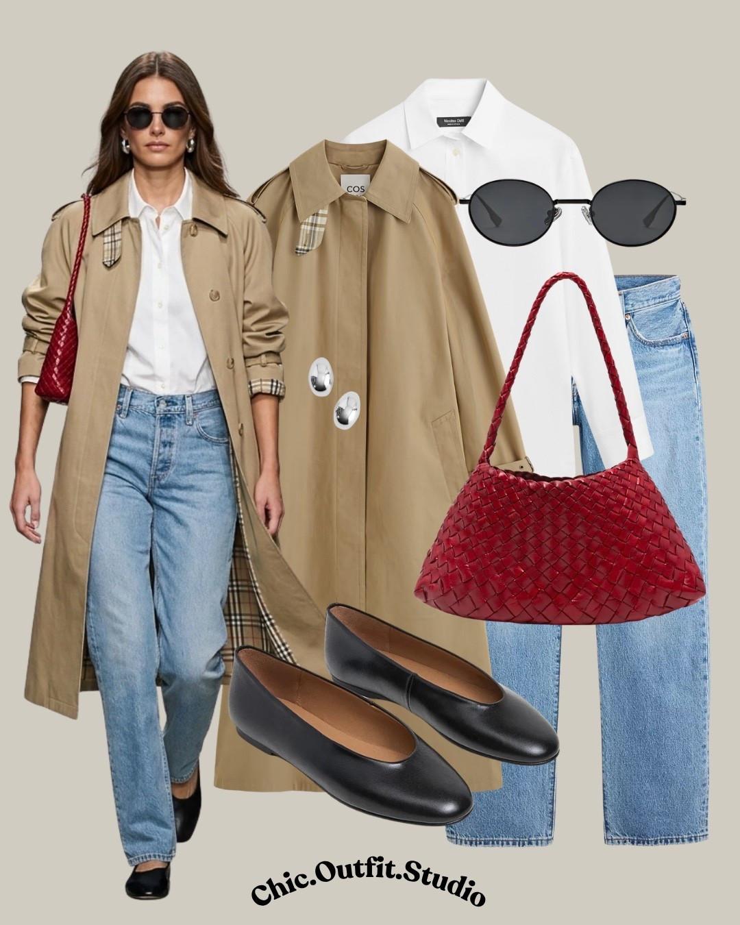 Trench Coat + White Shirt + Light Denim + Red Bag

✨A classic beige trench coat over a crisp white shirt and relaxed light-wash denim creates an effortlessly chic pre-fall workwear look. The red woven handbag adds a sophisticated pop of color while sleek black flats keep the outfit practical for busy days. 

✨Wear this combination for the office, business casual meetings, commuting, work lunches, travel days, weekend brunch, or coffee meetings. It’s an easy transitional outfit formula to recreate whenever the weather starts cooling down.

✨Tags: beige trench coat outfit women, pre fall outfit ideas, fall workwear women, trench coat work outfit, white shirt and jeans outfit, light wash denim outfit, business casual outfit women, classic capsule wardrobe, transitional weather outfit, European chic outfit, French style outfit women, red bag outfit, office casual outfit, flats outfit women, timeless fall fashion

#LTKworkwear #LTKautumn #LTKshoes