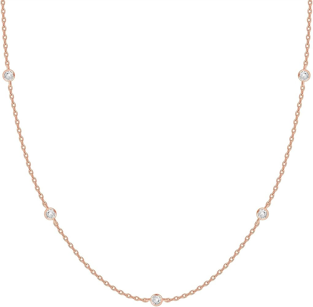 PAVOI 14K Gold Plated Station Necklace - Simulated Diamond Layering Necklaces - Womens CZ Chain | Amazon (US)